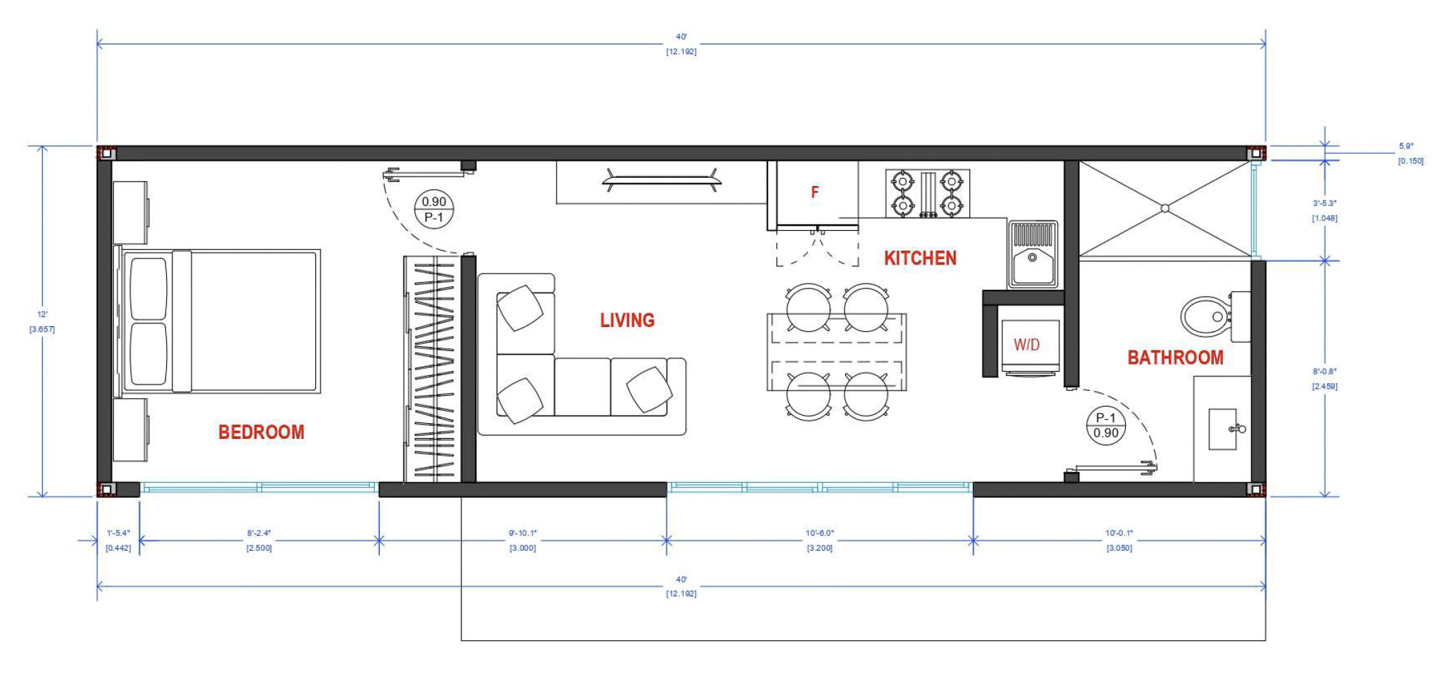 1 bedroom 480 square foot floor plan